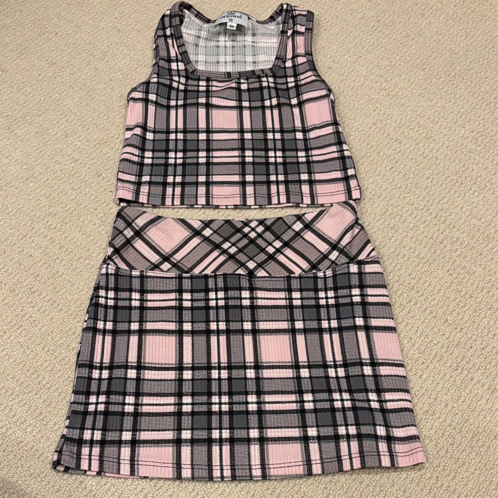SLS Apparel Pink and Black Plaid Tank Top and Skirt Set